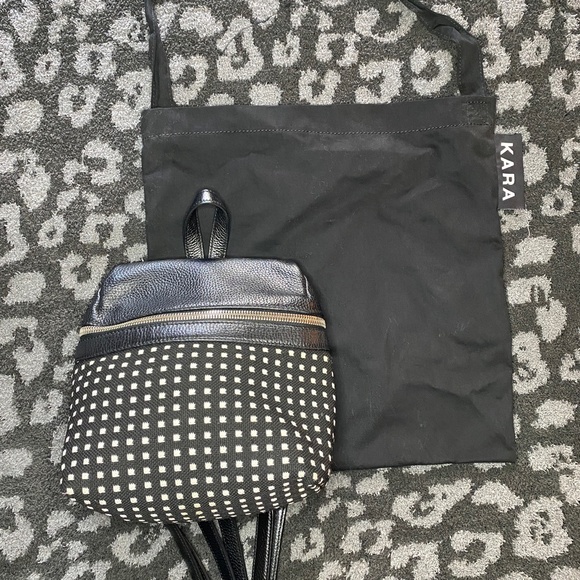 KARA Small Backpack in Black Grid Woven Pebble Leather - Picture 8 of 16